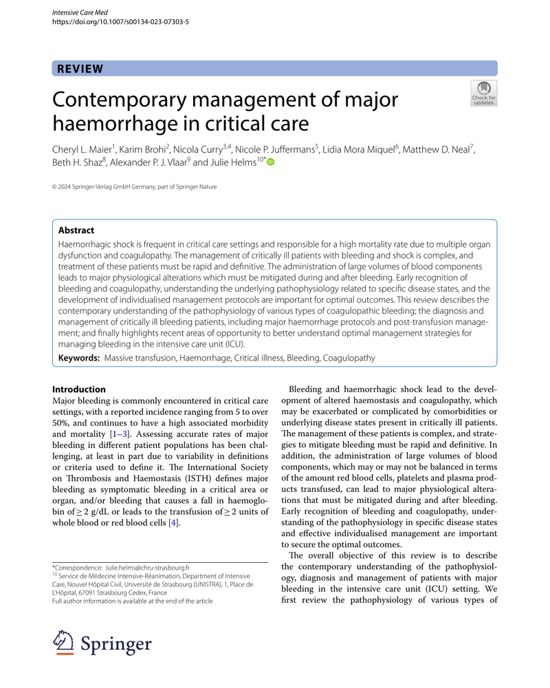 CONTEMPORARY MANAGEMENT OF MAJOR HAEMORRHAGE IN CRITICAL CARE cover