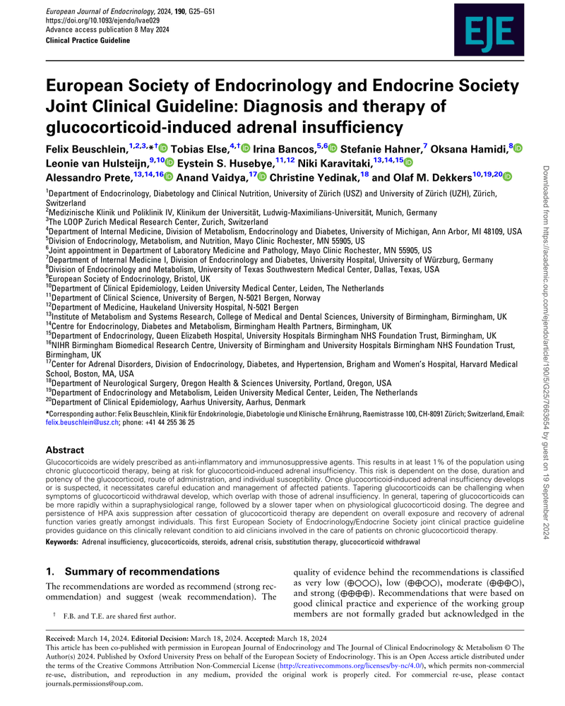 EUROPEAN SOCIETY OF ENDOCRINOLOGY AND ENDOCRINE SOCIETY JOINT CLINICAL GUIDELINE: DIAGNOSIS AND THERAPY OF GLUCOCORTICOID-INDUCED ADRENAL INSUFFICIENCY cover