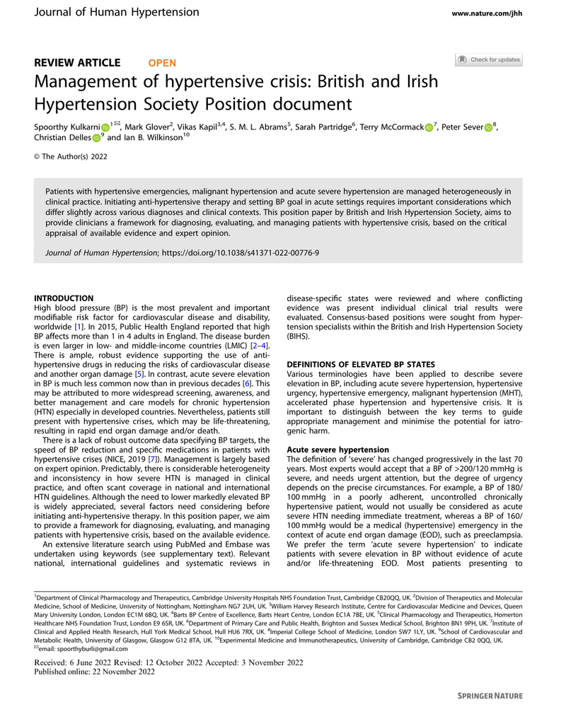 Management of hypertensive crisis: British and Irish Hypertension Society Position document cover