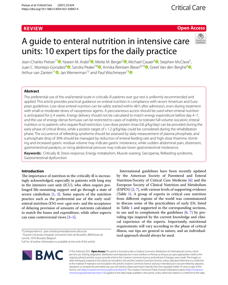 A GUIDE TO ENTERAL NUTRITION IN INTENSIVE CARE UNITS: 10 EXPERT TIPS FOR THE DAILY PRACTICE cover