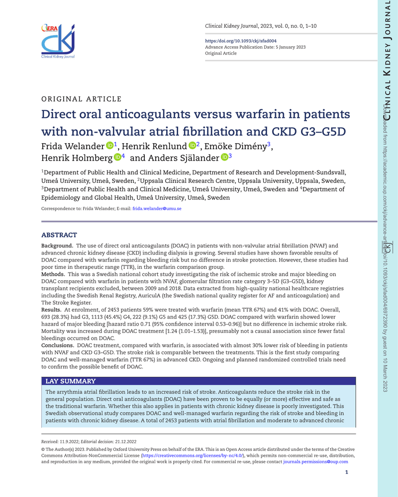 DIRECT ORAL ANTICOAGULANTS VERSUS WARFARIN IN PATIENTS WITH NON-VALVULAR ATRIAL FIBRILLATION AND CKD G3–G5D cover