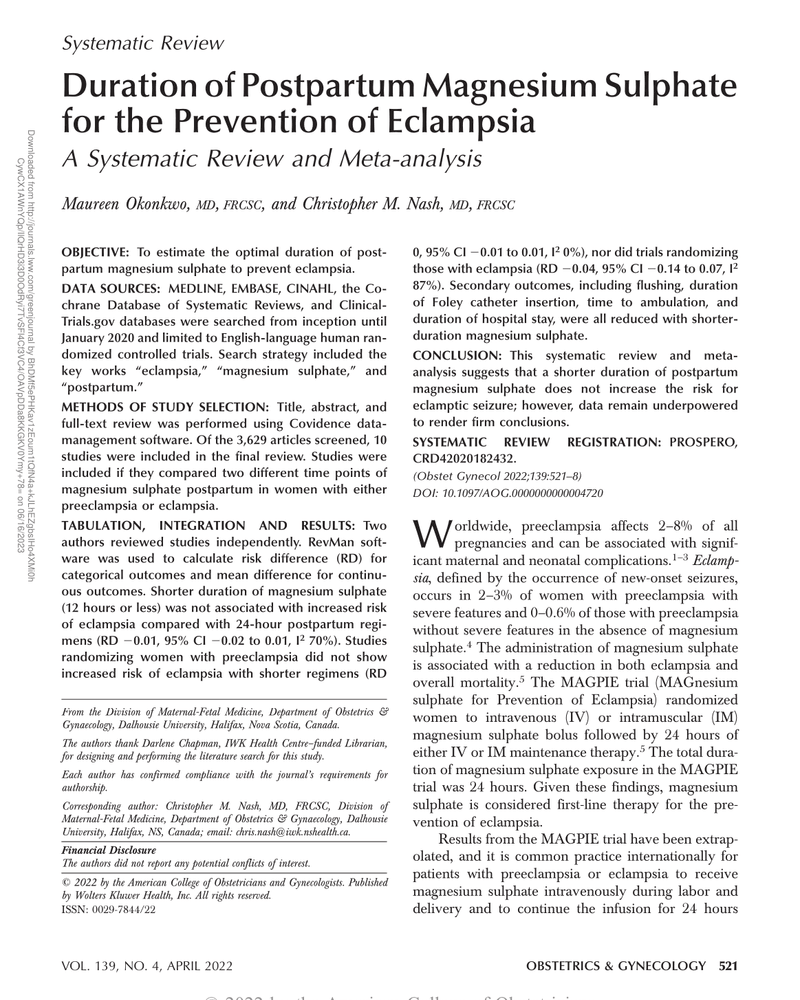 DURATION OF POSTPARTUM MAGNESIUM SULPHATE FOR THE PREVENTION OF ECLAMPSIA cover