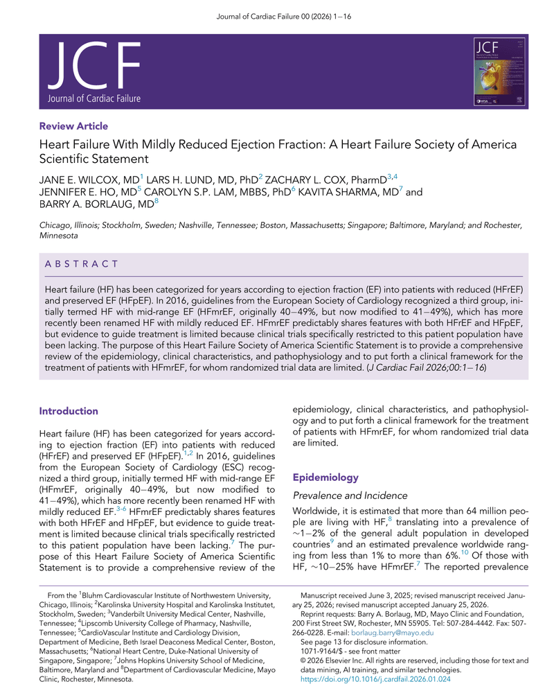 HEART FAILURE WITH MILDLY REDUCED EJECTION FRACTION: A HEART FAILURE SOCIETY OF AMERICA SCIENTIFIC STATEMENT cover