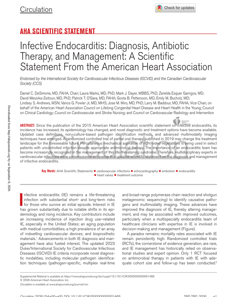 INFECTIVE ENDOCARDITIS: DIAGNOSIS, ANTIBIOTIC THERAPY, AND MANAGEMENT: A SCIENTIFIC STATEMENT FROM THE AMERICAN HEART ASSOCIATION cover