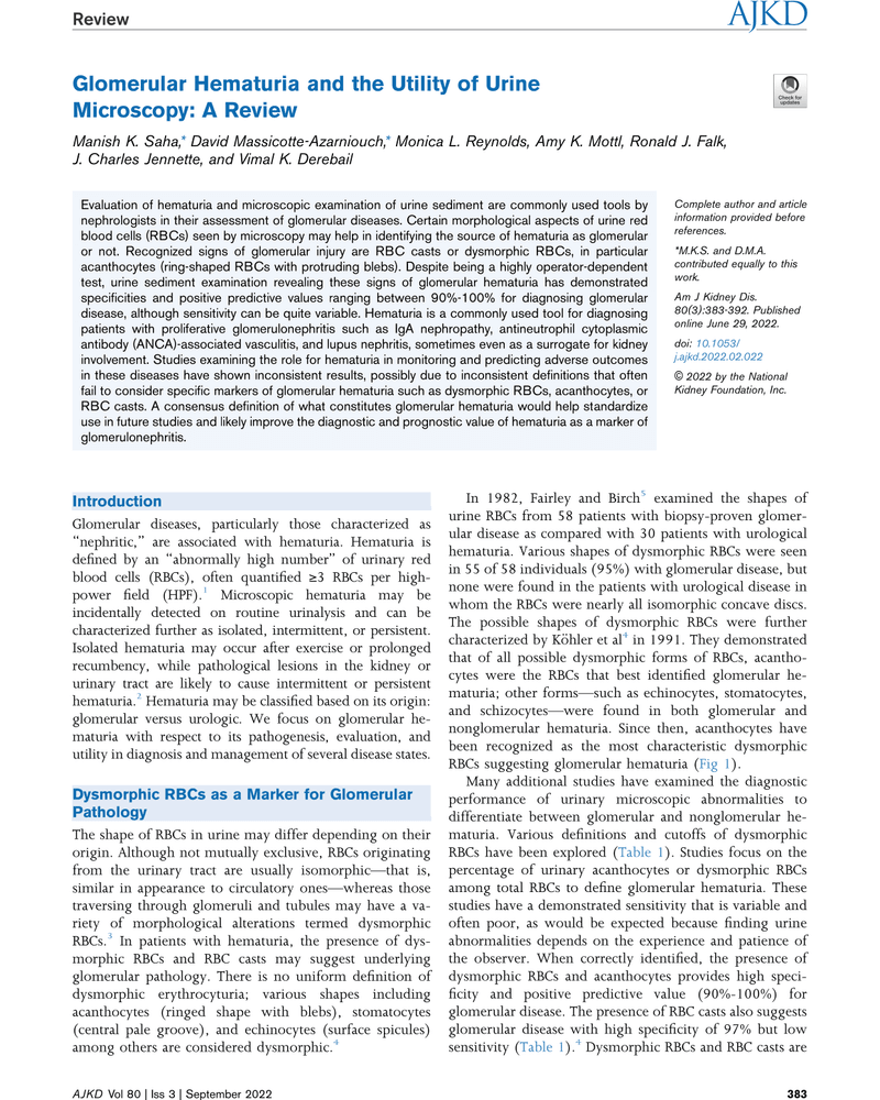 GLOMERULAR HEMATURIA AND THE UTILITY OF URINE MICROSCOPY: A REVIEW cover
