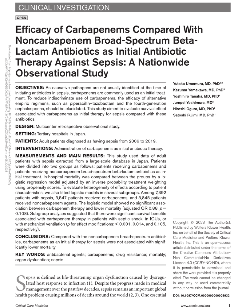 EFFICACY OF CARBAPENEMS COMPARED WITH NONCARBAPENEM BROAD-SPECTRUM BETA-LACTAM ANTIBIOTICS AS INITIAL ANTIBIOTIC THERAPY AGAINST SEPSIS: A NATIONWIDE OBSERVATIONAL STUDY cover