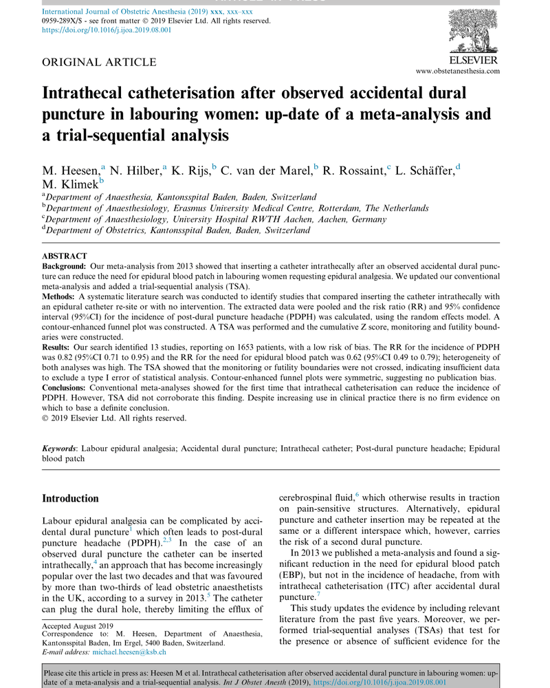 INTRATHECAL CATHETERISATION AFTER OBSERVED ACCIDENTAL DURAL PUNCTURE IN LABOURING WOMEN: UP-DATE OF A META-ANALYSIS AND A TRIAL-SEQUENTIAL ANALYSIS cover