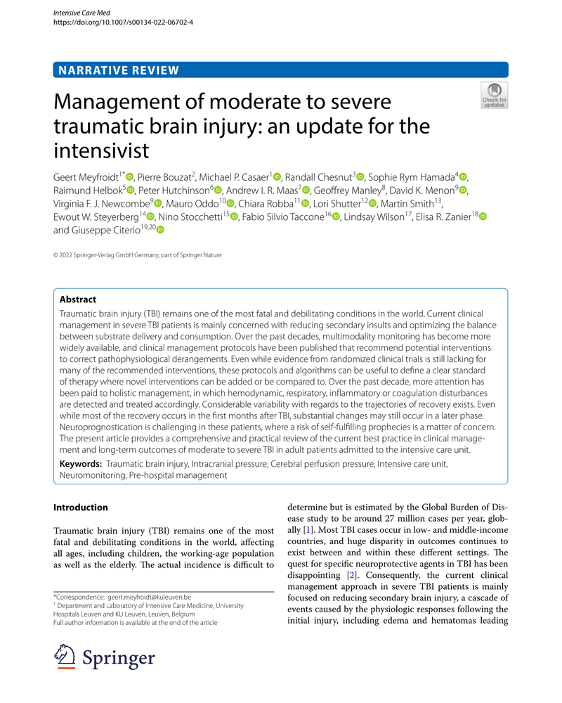 MANAGEMENT OF MODERATE TO SEVERE TRAUMATIC BRAIN INJURY: AN UPDATE FOR THE INTENSIVIST cover