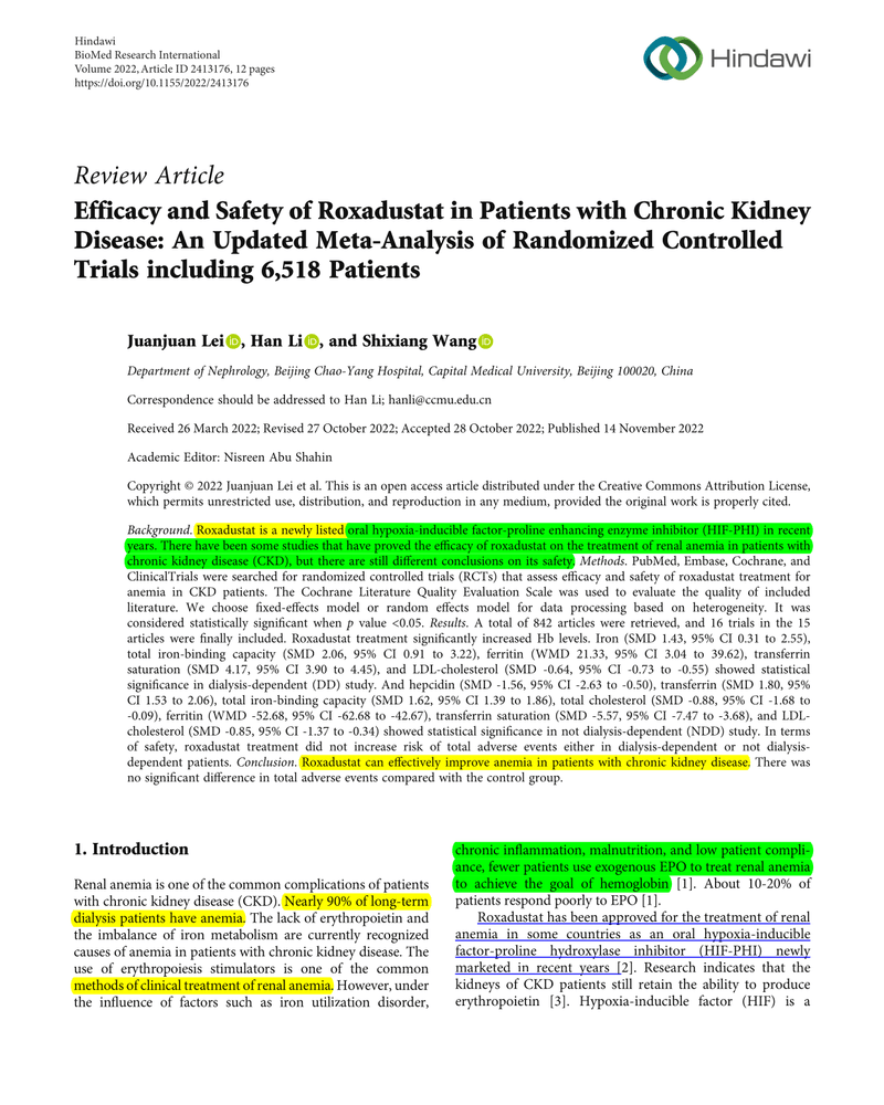 EFFICACY AND SAFETY OF ROXADUSTAT IN PATIENTS WITH CHRONIC KIDNEY DISEASE: AN UPDATED META-ANALYSIS OF RANDOMIZED CONTROLLED TRIALS INCLUDING 6,518 PATIENTS cover