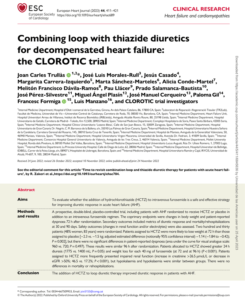 COMBINING LOOP WITH THIAZIDE DIURETICS FOR DECOMPENSATED HEART FAILURE: THE CLOROTIC TRIAL cover