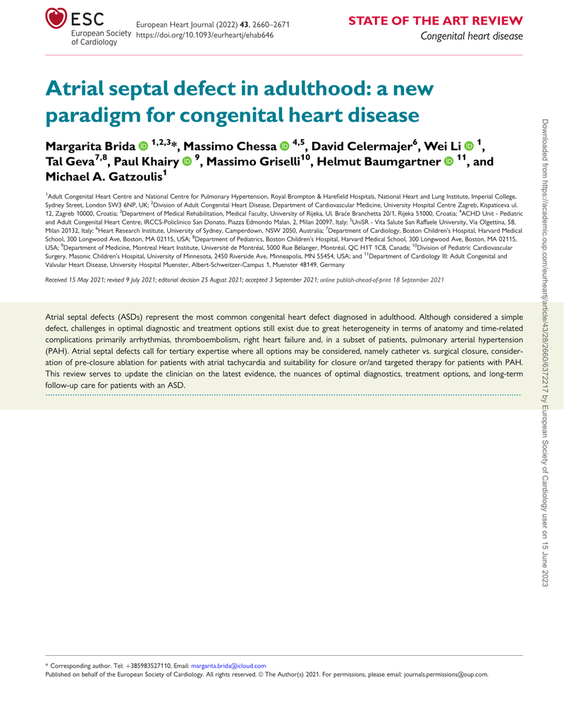 ATRIAL SEPTAL DEFECT IN ADULTHOOD: A NEW PARADIGM FOR CONGENITAL HEART DISEASE cover