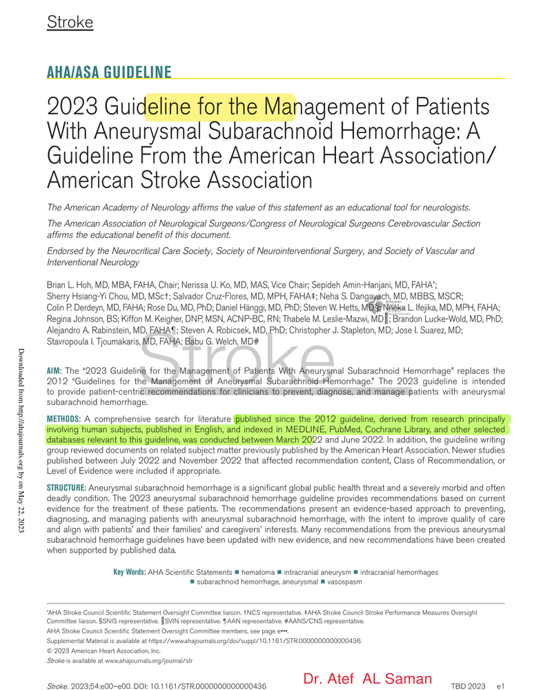 2023 GUIDELINE FOR THE MANAGEMENT OF PATIENTS WITH ANEURYSMAL SUBARACHNOID HEMORRHAGE cover