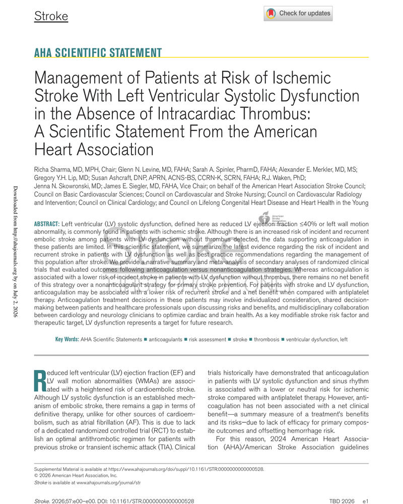 MANAGEMENT OF PATIENTS AT RISK OF ISCHEMIC STROKE WITH LEFT VENTRICULAR SYSTOLIC DYSFUNCTION IN THE ABSENCE OF INTRACARDIAC THROMBUS: A SCIENTIFIC STATEMENT FROM THE AMERICAN HEART ASSOCIATION cover