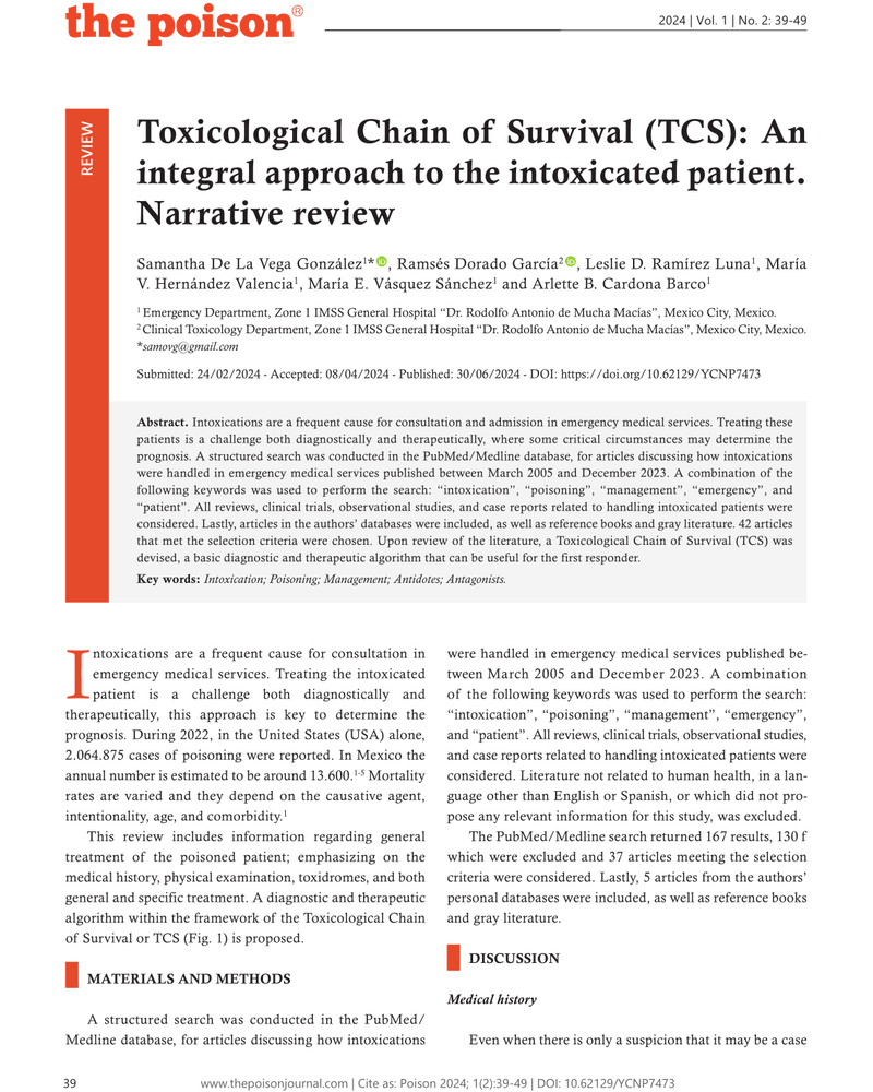 TOXICOLOGICAL CHAIN OF SURVIVAL (TCS): AN INTEGRAL APPROACH TO THE INTOXICATED PATIENT. NARRATIVE REVIEW cover