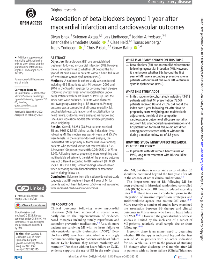 ASSOCIATION OF BETA- BLOCKERS BEYOND 1 YEAR AFTER MYOCARDIAL INFARCTION AND CARDIOVASCULAR OUTCOMES cover