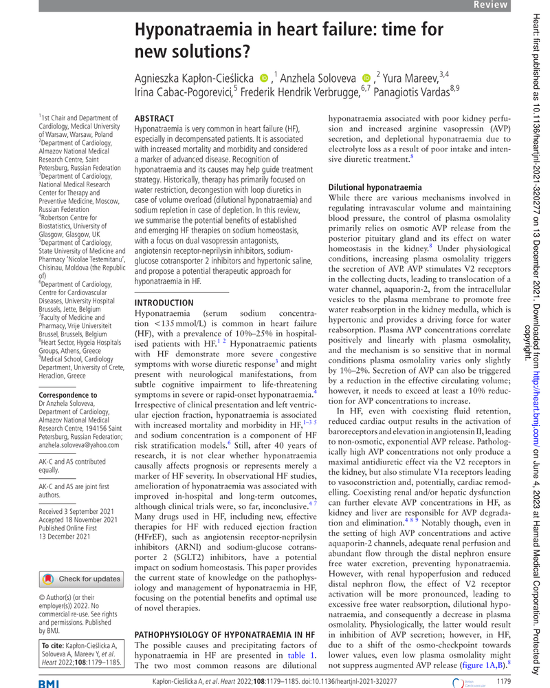 HYponatraemia IN HEART FAILURE: TIME FOR NEW SOLUTIONS? cover
