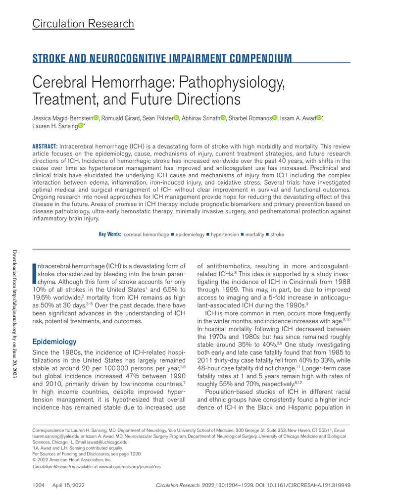 CEREBRAL HEMORRHAGE: PATHOPHYSIOLOGY, TREATMENT, AND FUTURE DIRECTIONS cover