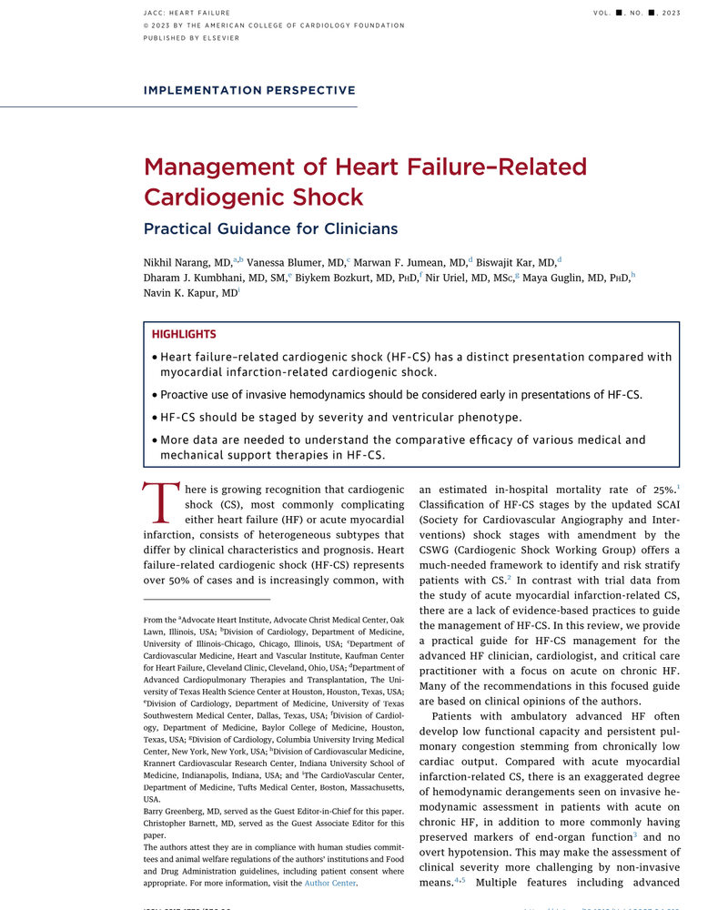 MANAGEMENT OF HEART FAILURE-RELATED CARDIOGENIC SHOCK cover