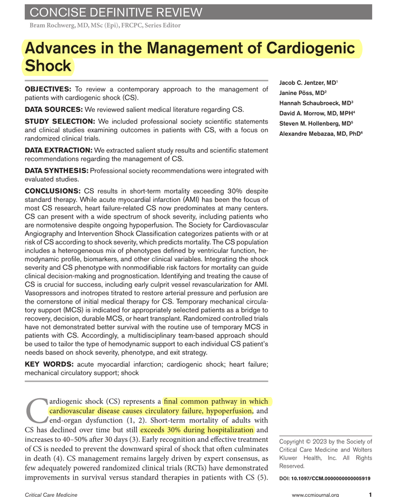 ADVANCES IN THE MANAGEMENT OF CARDIOGENIC SHOCK cover