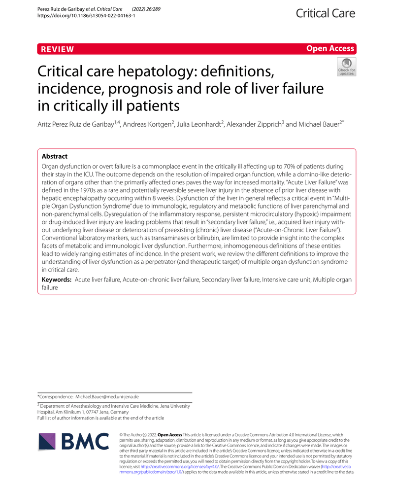 CRITICAL CARE HEPATOLOGY: DEFINITIONS, INCIDENCE, PROGNOSIS AND ROLE OF LIVER FAILURE IN CRITICALLY ILL PATIENTS cover
