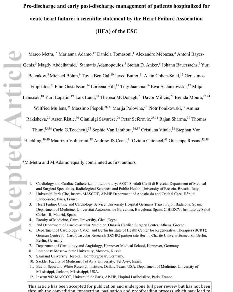 PRE-DISCHARGE AND EARLY POST-DISCHARGE MANAGEMENT OF PATIENTS HOSPITALIZED FOR ACUTE HEART FAILURE: A SCIENTIFIC STATEMENT BY THE HEART FAILURE ASSOCIATION (HFA) OF THE ESC cover