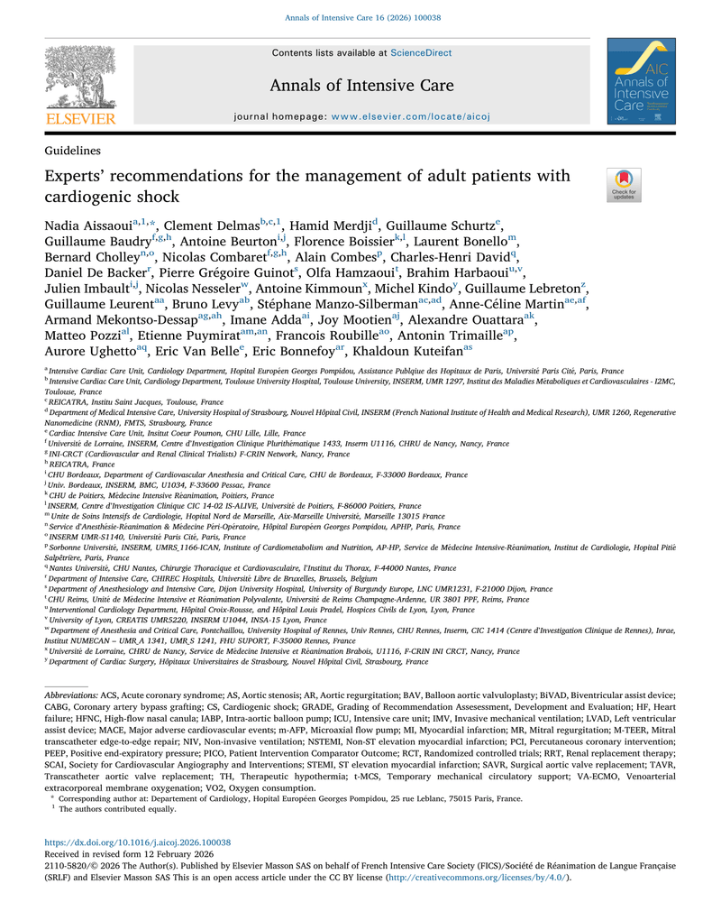 EXPERTS' RECOMMENDATIONS FOR THE MANAGEMENT OF ADULT PATIENTS WITH CARDIOGENIC SHOCK cover