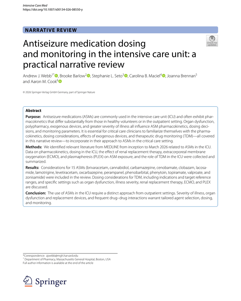 ANTISEIZURE MEDICATION DOSING AND MONITORING IN THE INTENSIVE CARE UNIT: A PRACTICAL NARRATIVE REVIEW cover