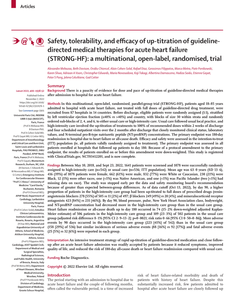 SAFETY, TOLERABILITY, AND EFFICACY OF UP-TITRATION OF GUIDELINE-DIRECTED MEDICAL THERAPIES FOR ACUTE HEART FAILURE (STRONG-HF): A MULTINATIONAL, OPEN-LABEL, RANDOMISED, TRIAL cover
