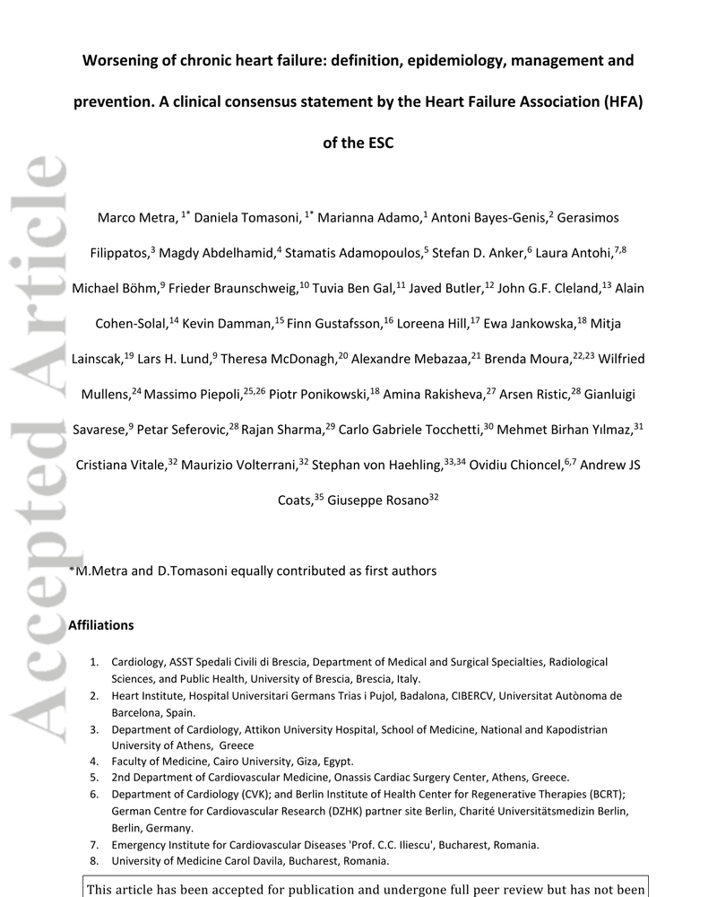 WORSENING OF CHRONIC HEART FAILURE: DEFINITION, EPIDEMIOLOGY, MANAGEMENT AND PREVENTION. A CLINICAL CONSENSUS STATEMENT BY THE HEART FAILURE ASSOCIATION (HFA) OF THE ESC cover