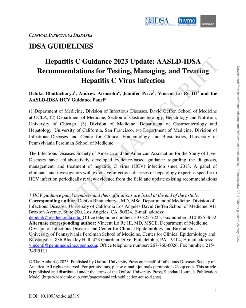 HEPATITIS C GUIDANCE 2023 UPDATE: AASLD-IDSA RECOMMENDATIONS FOR TESTING, MANAGING, AND TREATING HEPATITIS C VIRUS INFECTION cover