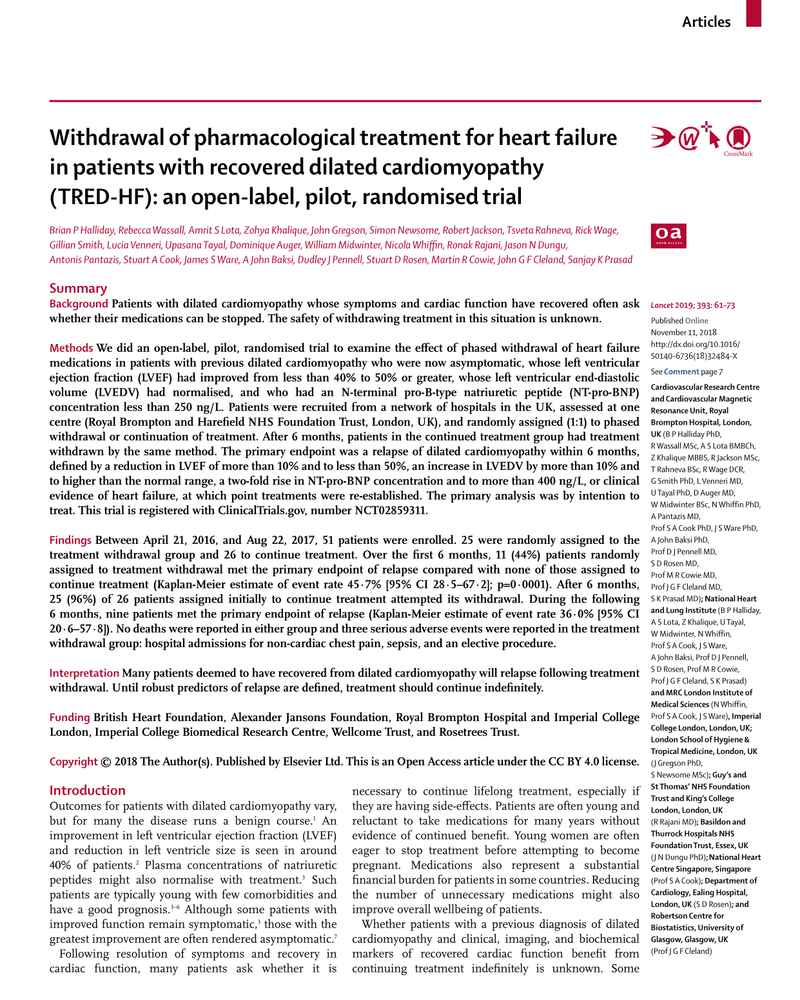 WITHDRAWAL OF PHARMACOLOGICAL TREATMENT FOR HEART FAILURE IN PATIENTS WITH RECOVERED DILATED CARDIOMYOPATHY (TRED-HF): AN OPEN-LABEL, PILOT, RANDOMISED TRIAL cover
