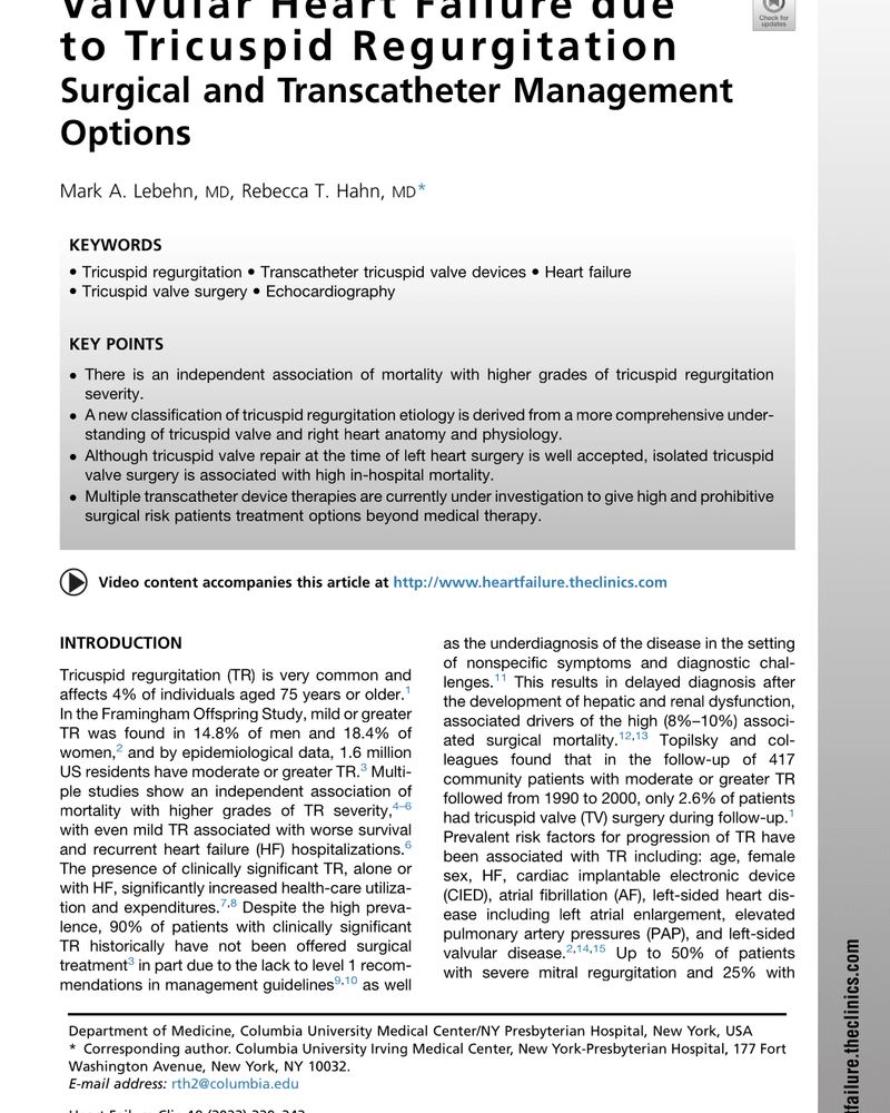 VALVULAR HEART FAILURE DUE TO TRICUSPID REGURGITATION SURGICAL AND TRANSCATHETER MANAGEMENT OPTIONS cover