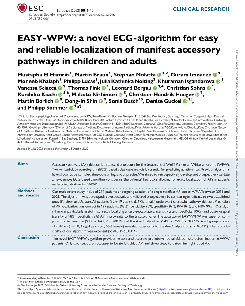 EASY-WPW: a novel ECG-algorithm for easy and reliable localization of manifest accessory pathways in children and adults cover