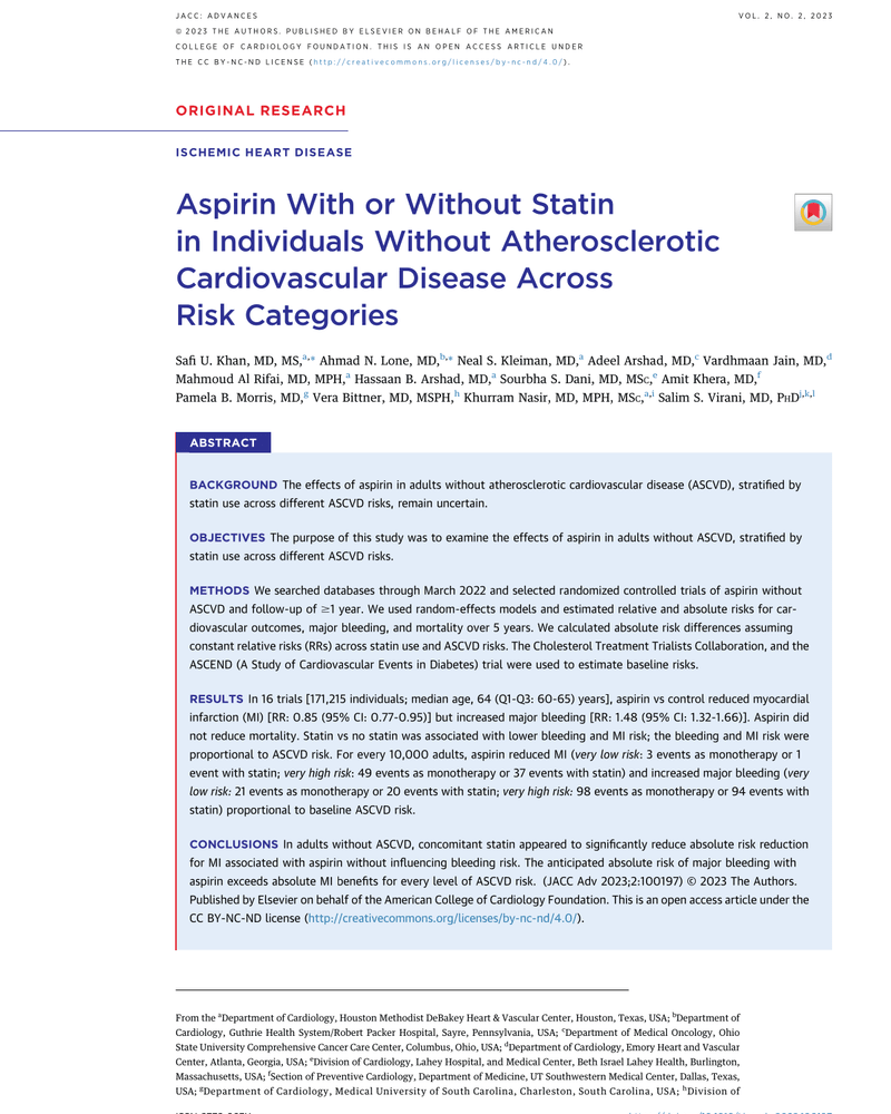 ASPIRIN WITH OR WITHOUT STATIN IN INDIVIDUALS WITHOUT ATHEROSCLEROTIC CARDIOVASCULAR DISEASE ACROSS RISK CATEGORIES cover