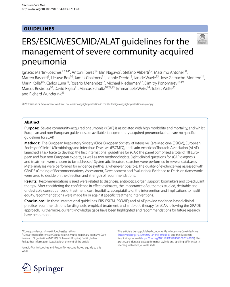 ERS/ESICM/ESCMID/ALAT GUIDELINES FOR THE MANAGEMENT OF SEVERE COMMUNITY-ACQUIRED PNEUMONIA cover