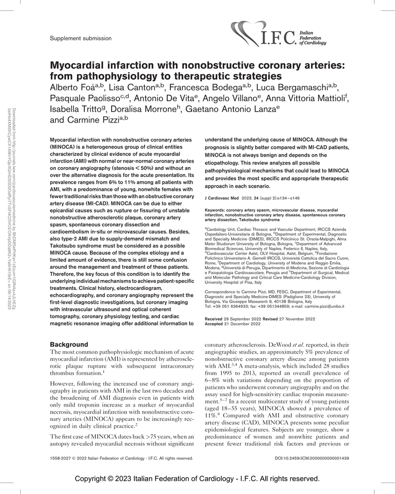MYOCARDIAL INFARCTION WITH NONOBSTRUCTIVE CORONARY ARTERIES: FROM PATHOPHYSIOLOGY TO THERAPEUTIC STRATEGIES cover