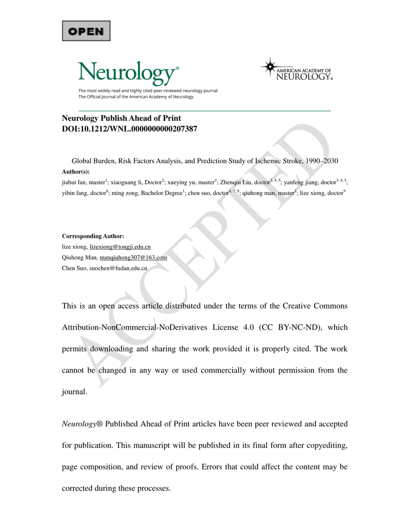 GLOBAL BURDEN, RISK FACTORS ANALYSIS, AND PREDICTION STUDY OF ISCHEMIC STROKE, 1990–2030 cover