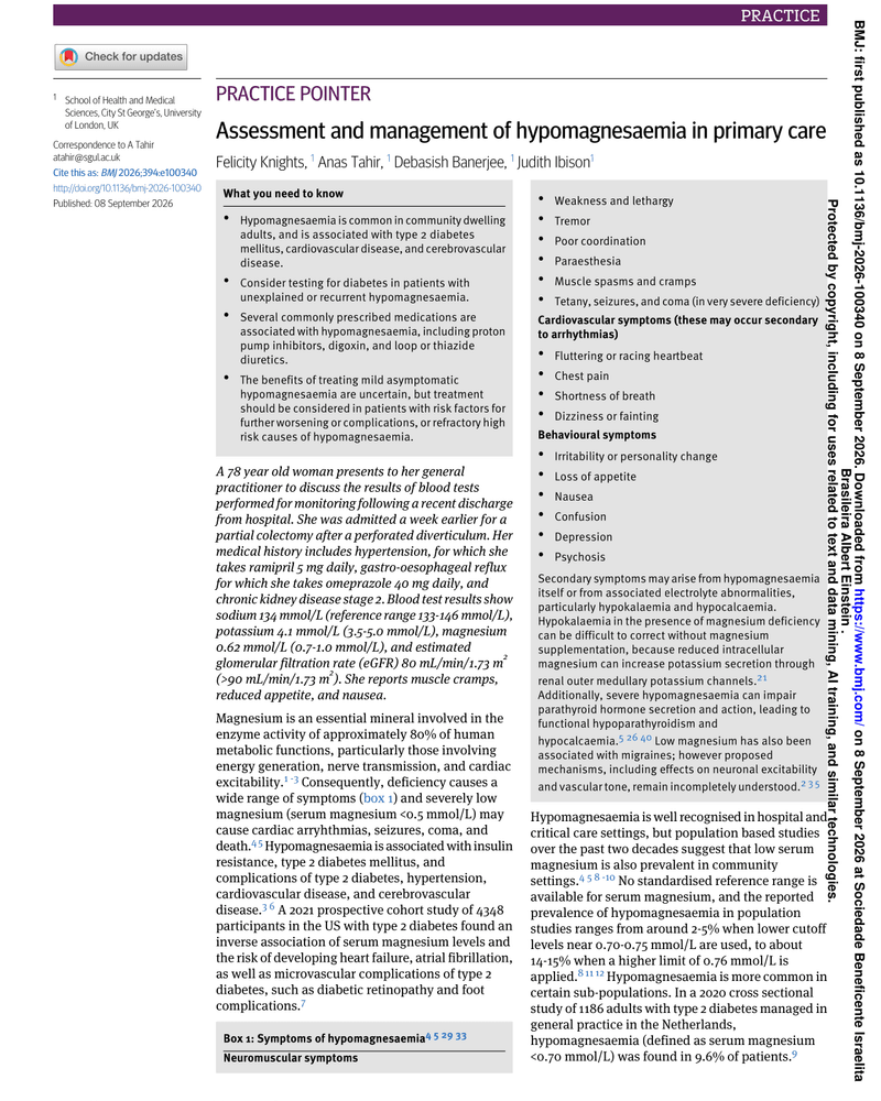 ASSESSMENT AND MANAGEMENT OF HYPOMAGNESEMIA IN PRIMARY CARE cover