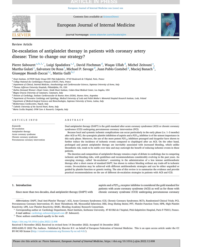 DE-ESCALATION OF ANTIPLATELET THERAPY IN PATIENTS WITH CORONARY ARTERY DISEASE: TIME TO CHANGE OUR STRATEGY? cover