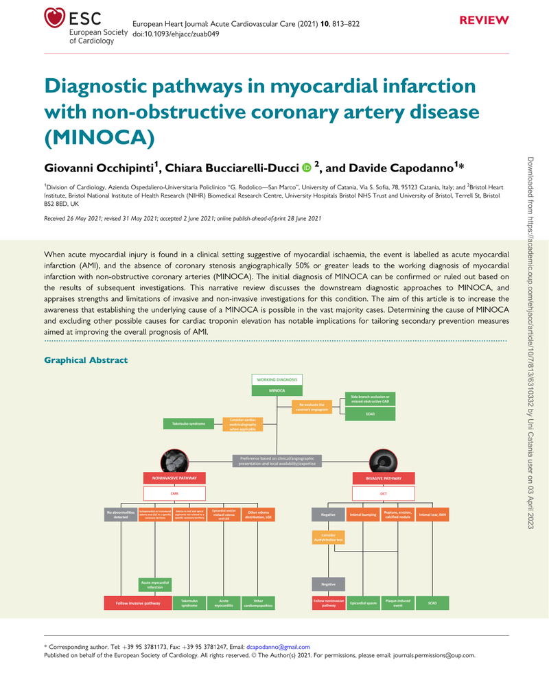 DIAGNOSTIC PATHWAYS IN MYOCARDIAL INFARCTION WITH NON-OBSTRUCTIVE CORONARY ARTERY DISEASE cover