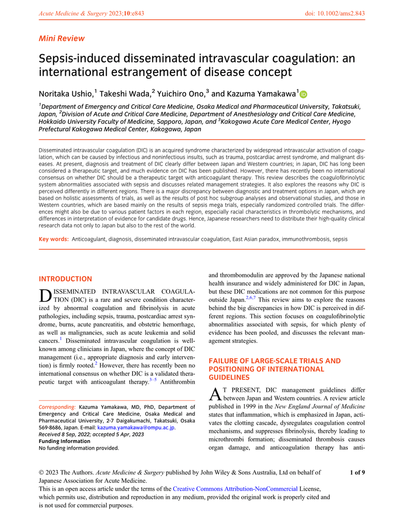 SEPSIS-INDUCED DISSEMINATED INTRAVASCULAR COAGULATION: AN INTERNATIONAL ESTRANGEMENT OF DISEASE CONCEPT cover