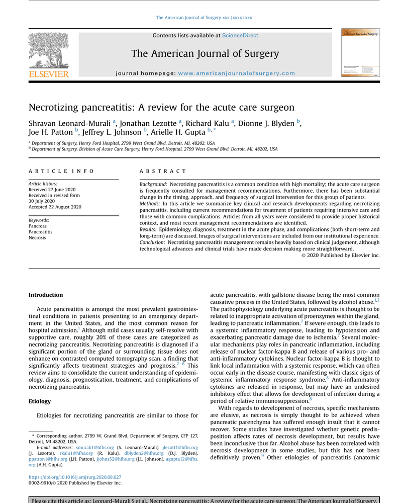 NECROTIZING PANCREATITIS: A REVIEW FOR THE ACUTE CARE SURGEON cover