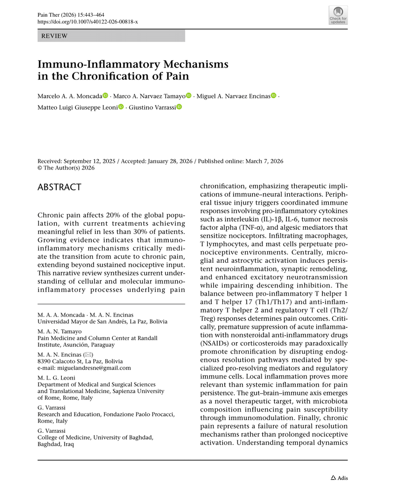 IMMUNO‑INFLAMMATORY MECHANISMS IN THE CHRONIFICATION OF PAIN cover