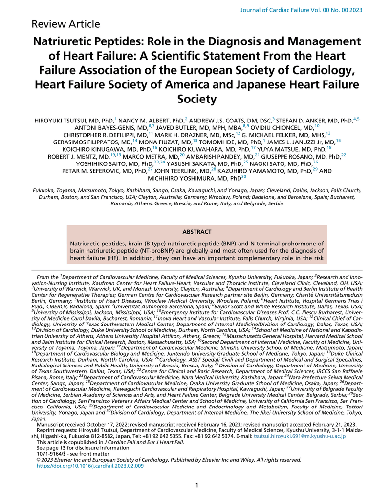 NATRIURETIC PEPTIDES: ROLE IN THE DIAGNOSIS AND MANAGEMENT OF HEART FAILURE: A SCIENTIFIC STATEMENT FROM THE HEART FAILURE ASSOCIATION OF THE EUROPEAN SOCIETY OF CARDIOLOGY, HEART FAILURE SOCIETY OF AMERICA AND JAPANESE HEART FAILURE SOCIETY cover