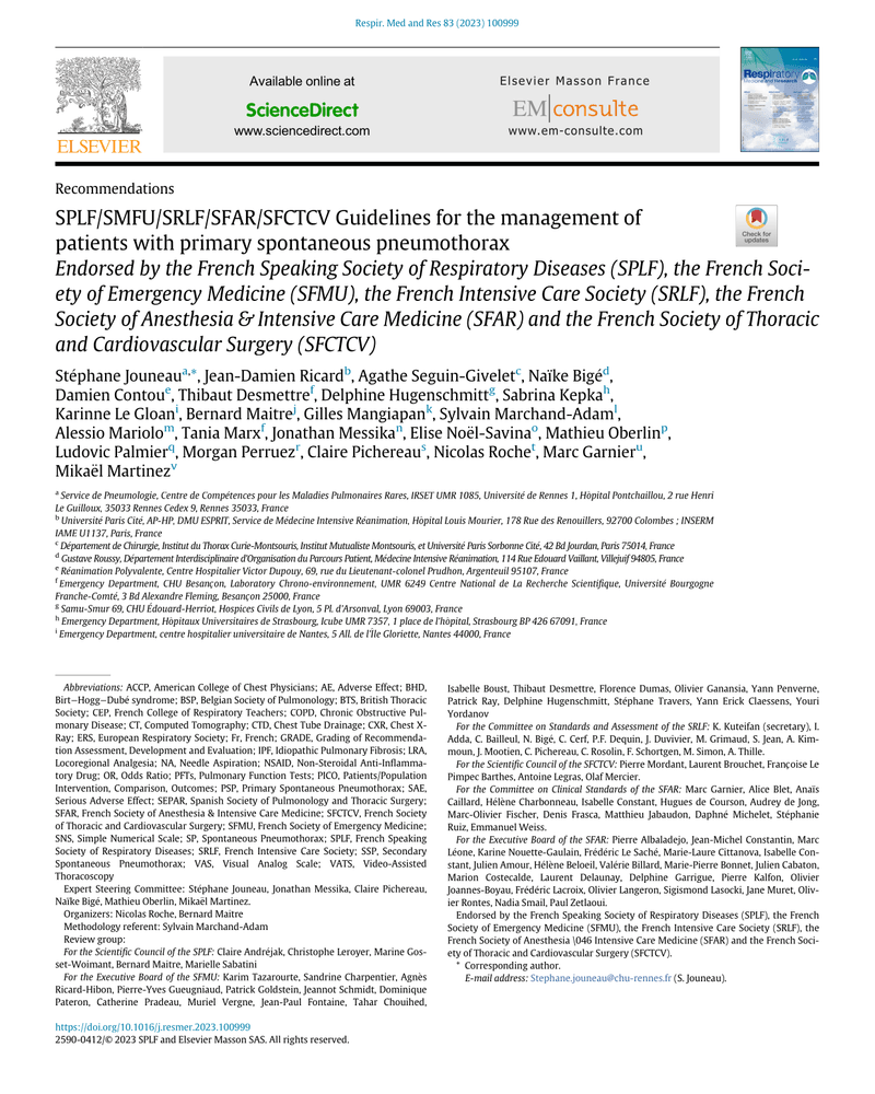 SPLF/SMFU/SRLF/SFAR/SFCTCV Guidelines for the management of patients with primary spontaneous pneumothorax cover