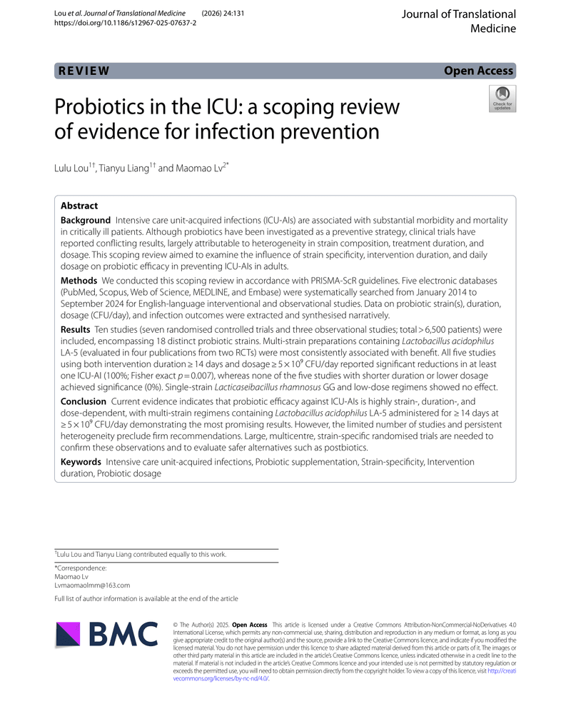 PROBIOTICS IN THE ICU: A SCOPING REVIEW OF EVIDENCE FOR INFECTION PREVENTION cover