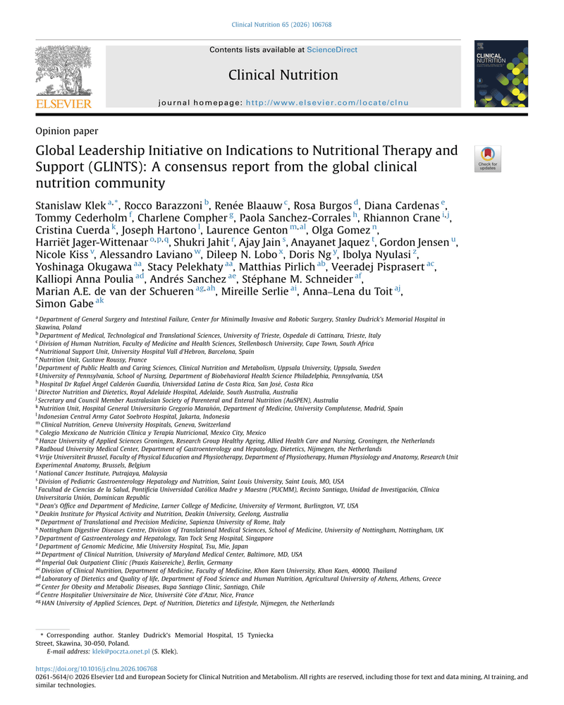 GLOBAL LEADERSHIP INITIATIVE ON INDICATIONS TO NUTRITIONAL THERAPY AND SUPPORT (GLINTS): A CONSENSUS REPORT FROM THE GLOBAL CLINICAL NUTRITION COMMUNITY cover