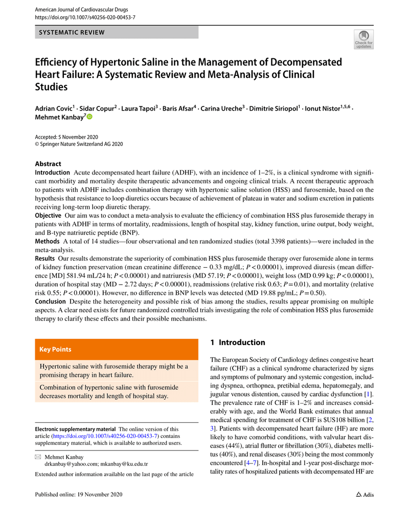 EFFICIENCY OF HYPERTONIC SALINE IN THE MANAGEMENT OF DECOMPENSATED HEART FAILURE: A SYSTEMATIC REVIEW AND META‑ANALYSIS OF CLINICAL STUDIES cover