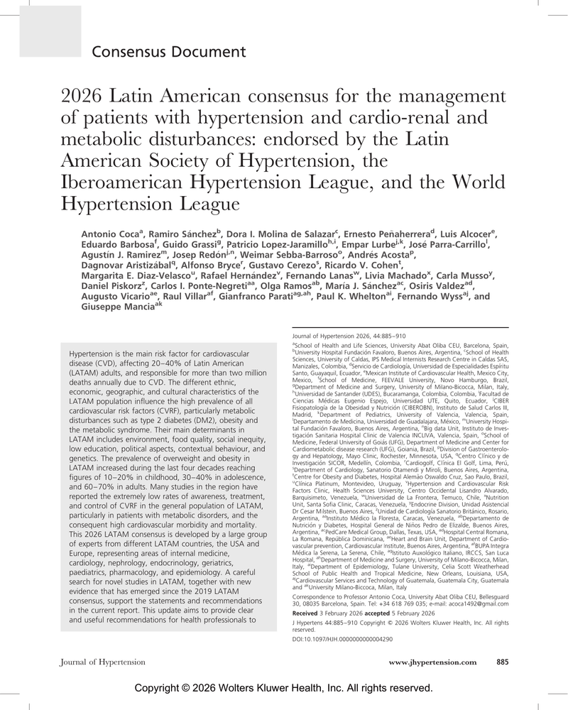 2026 LATIN AMERICAN CONSENSUS FOR THE MANAGEMENT OF PATIENTS WITH HYPERTENSION AND CARDIO-RENAL AND METABOLIC DISTURBANCES cover
