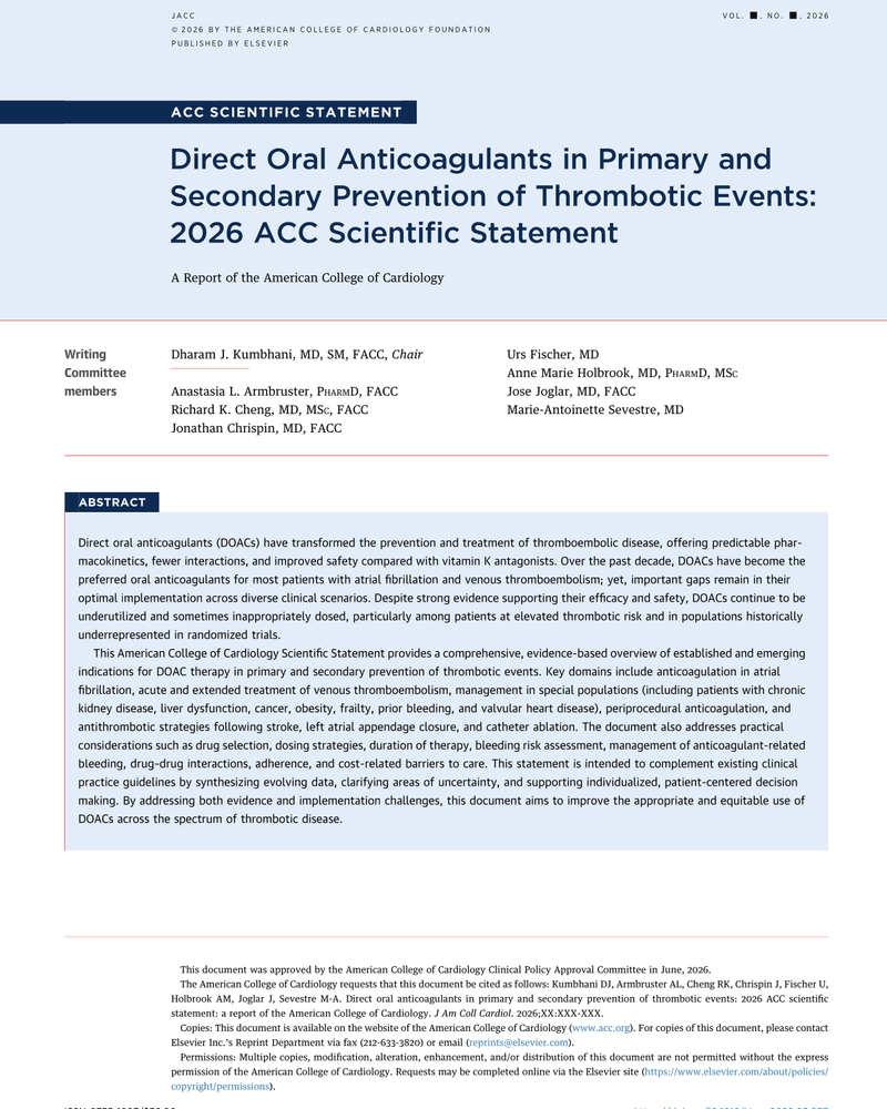 DIRECT ORAL ANTICOAGULANTS IN PRIMARY AND SECONDARY PREVENTION OF THROMBOTIC EVENTS: 2026 ACC SCIENTIFIC STATEMENT cover